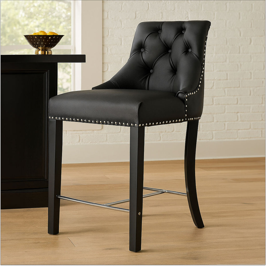 Regents Park Bar Chair | Black Leather Effect Button Tufted Bar Chair