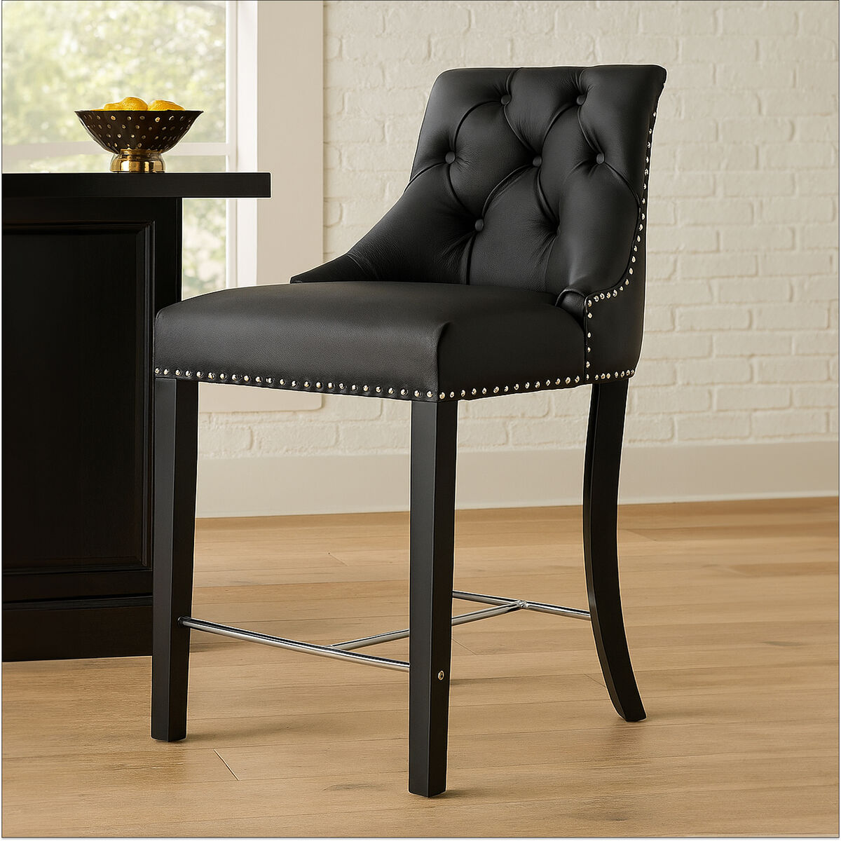 Regents Park Bar Chair | Black Leather Effect Button Tufted Bar Chair