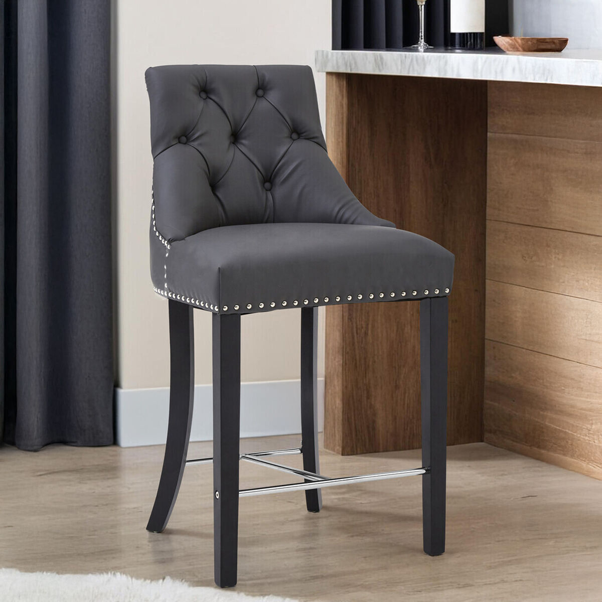 Regents Park Bar Chair | Grey Leather Effect Button Tufted Bar Chair