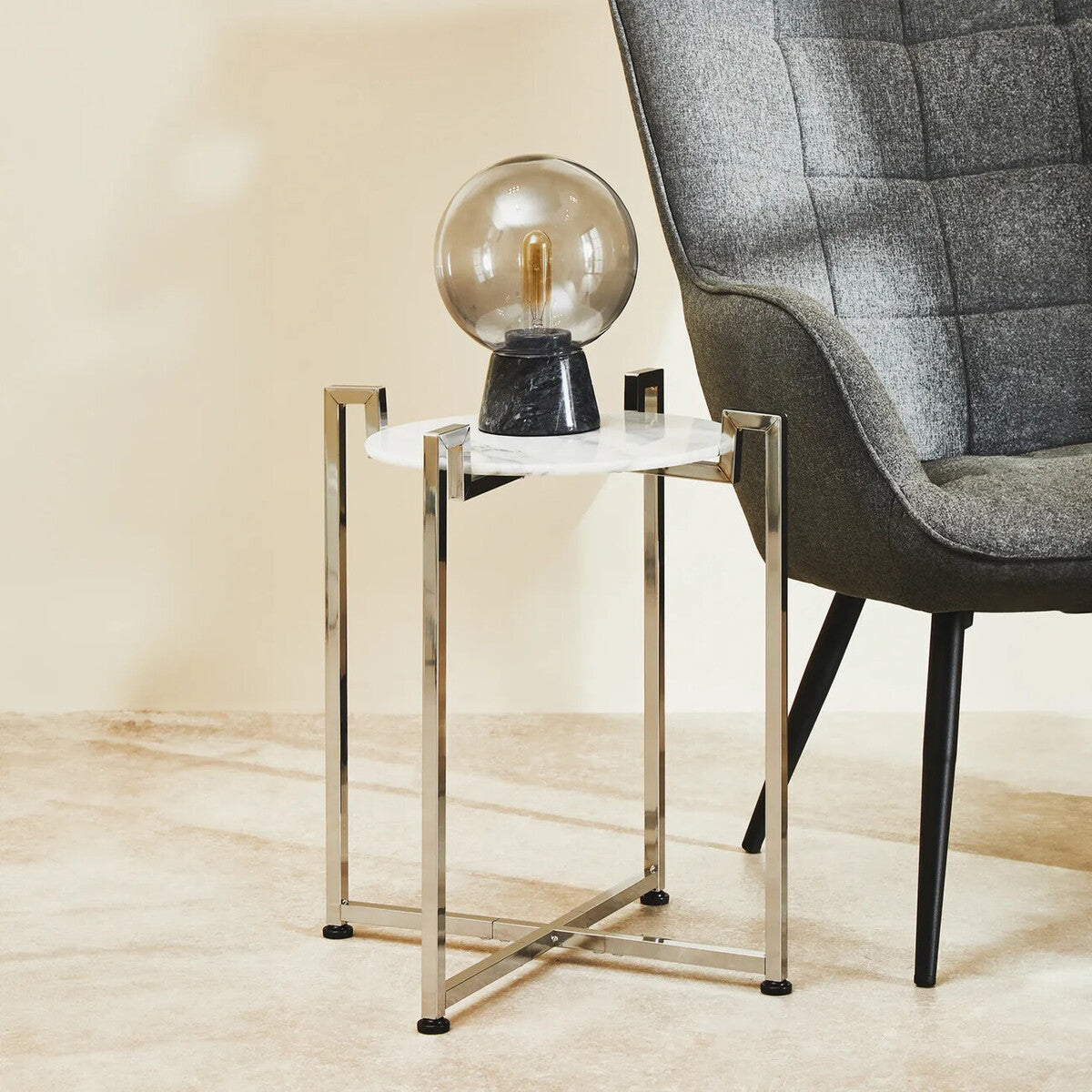 Cibal Side Table | White Marble Side Table with Chrome Finish Base