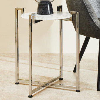 Cibal Side Table | White Marble Side Table with Chrome Finish Base