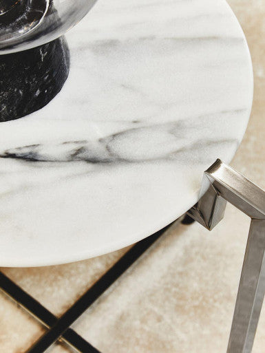 Cibal Side Table | White Marble Side Table with Chrome Finish Base