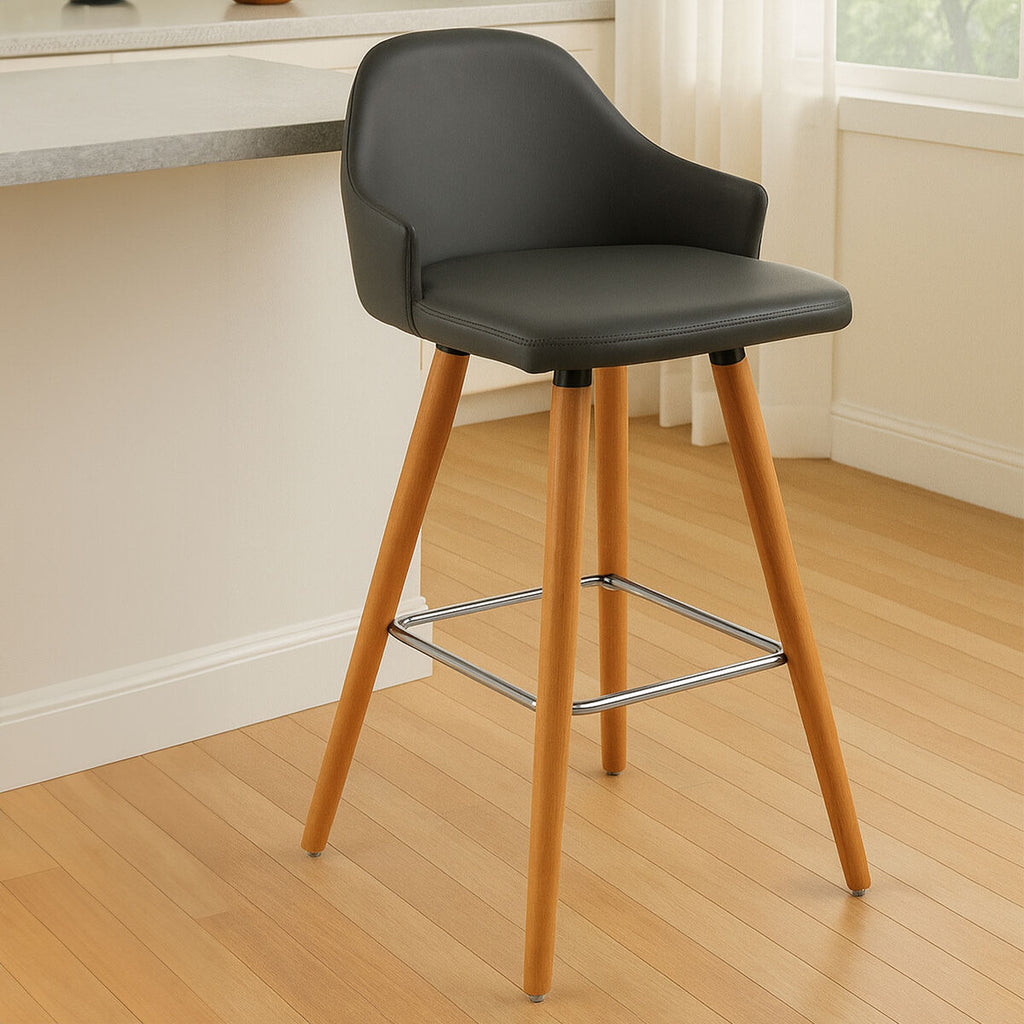 Stockholm Bar Chair | Dark Grey Leather Effect Bar Chair with Curved Backrest