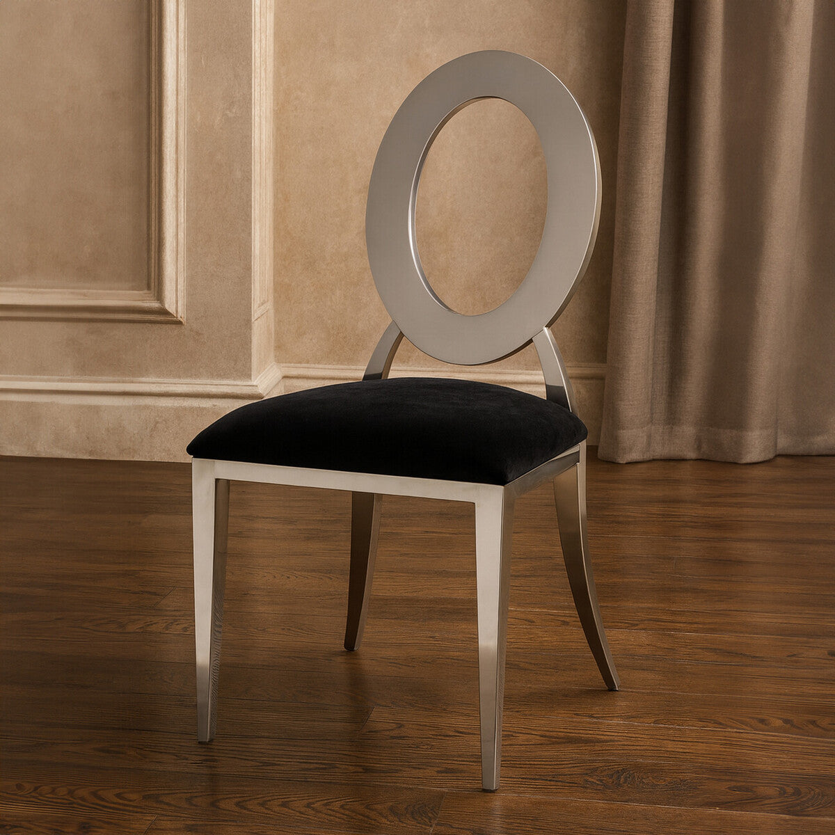 Sarita Dining Chair | Black Velvet and Silver Finish Stackable Oval Back Dining Chair