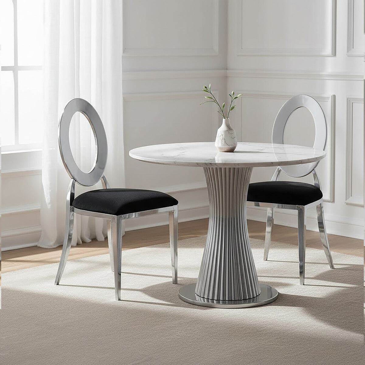 Sarita Dining Chair | Black Velvet and Silver Finish Stackable Oval Back Dining Chair