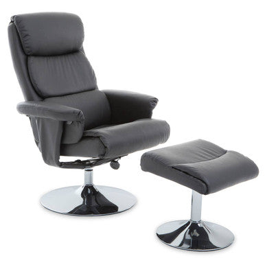 Denton Recliner Chair | Grey Leather Effect Swivel Recliner Chair with Footstool