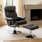 Denton Recliner Chair | Grey Leather Effect Swivel Recliner Chair with Footstool