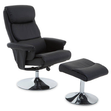 Denton Recliner Chair | Black Leather Effect Recliner Chair with Footstool