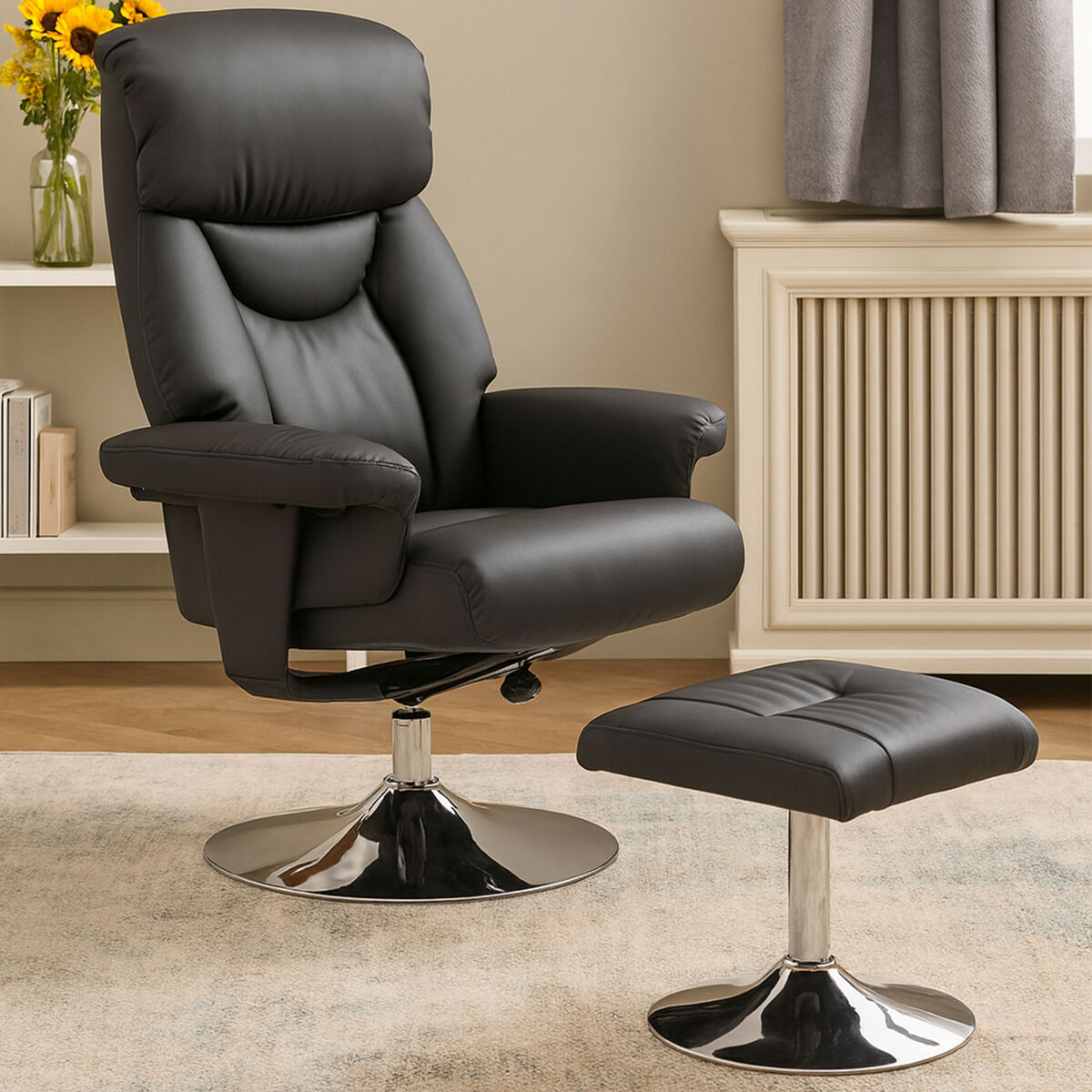 Denton Recliner Chair | Black Leather Effect Reclining Chair And Footstool