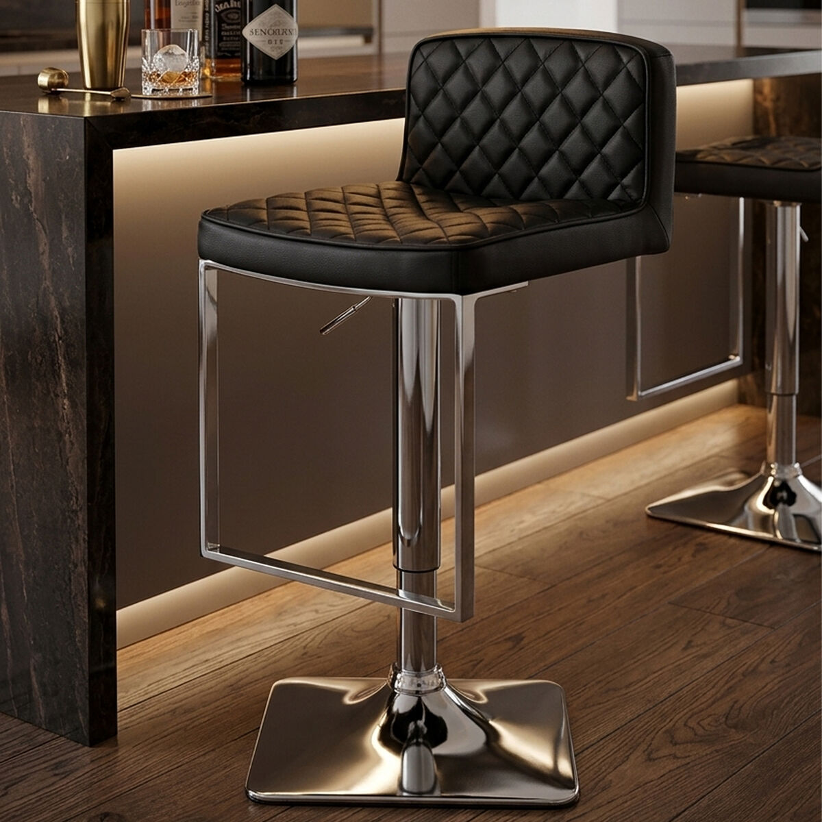 Baina Bar Chair | Black Leather Effect Adjustable Bar Chair with Chrome Finish Base