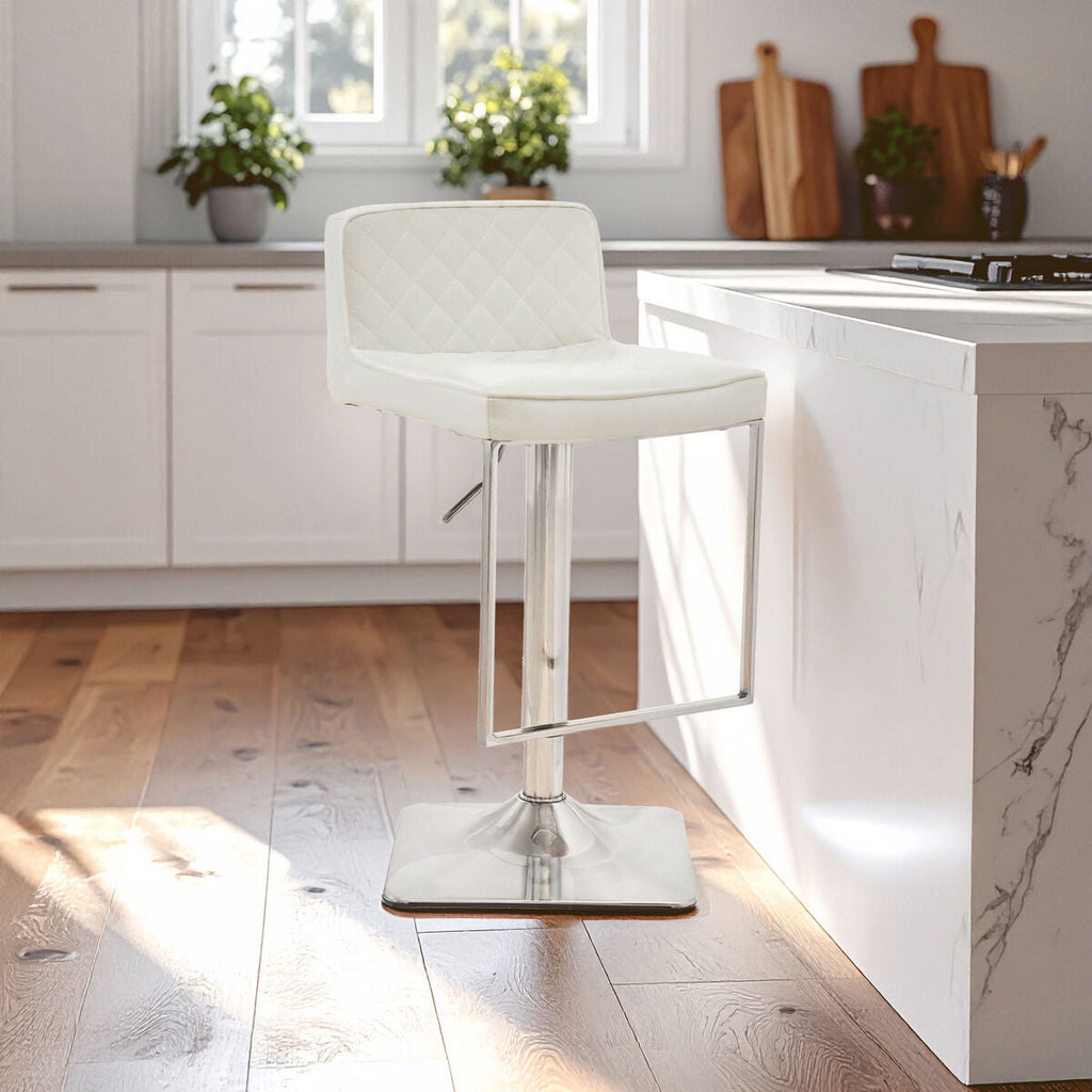 Baina Bar Chair | White Leather Effect Adjustable Bar Chair with Chrome Square Base