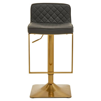 Baina Bar Chair | Dark Grey Leather Effect Adjustable Bar Chair with Gold Square Base