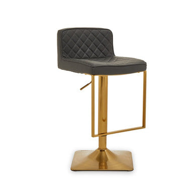 Baina Bar Chair | Dark Grey Leather Effect Adjustable Bar Chair with Gold Square Base