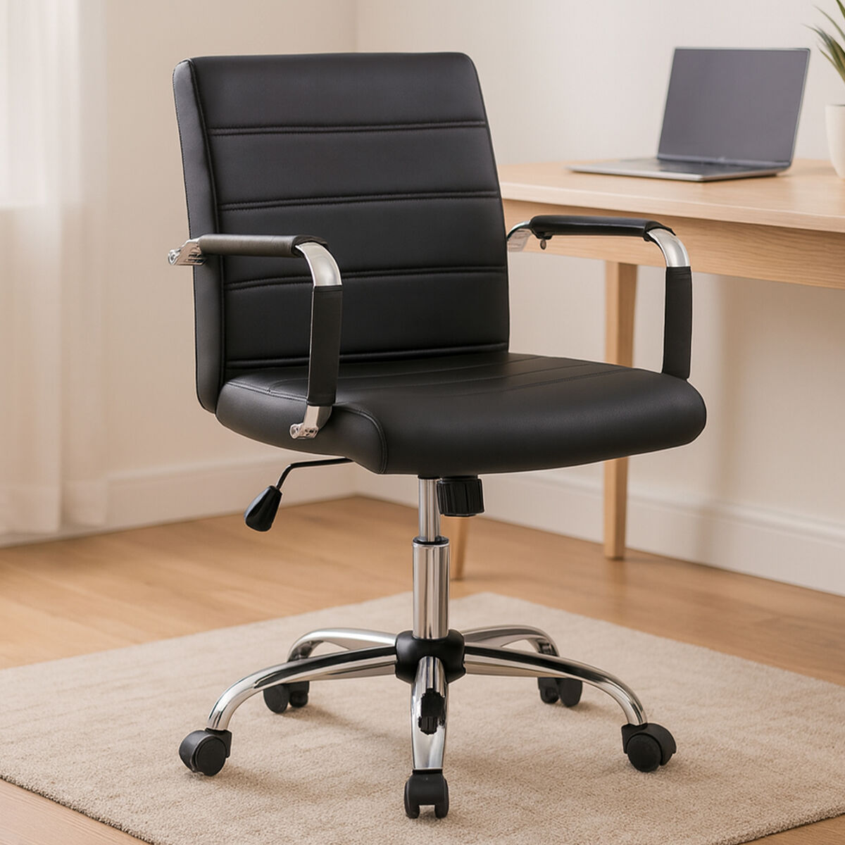 Brent Office Chair | Black Leather Effect Home Office Chair with Chrome Finish Arms and Base