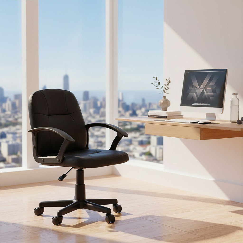Brent Office Chair | Black Leather Effect Home Office Chair with Castor Base