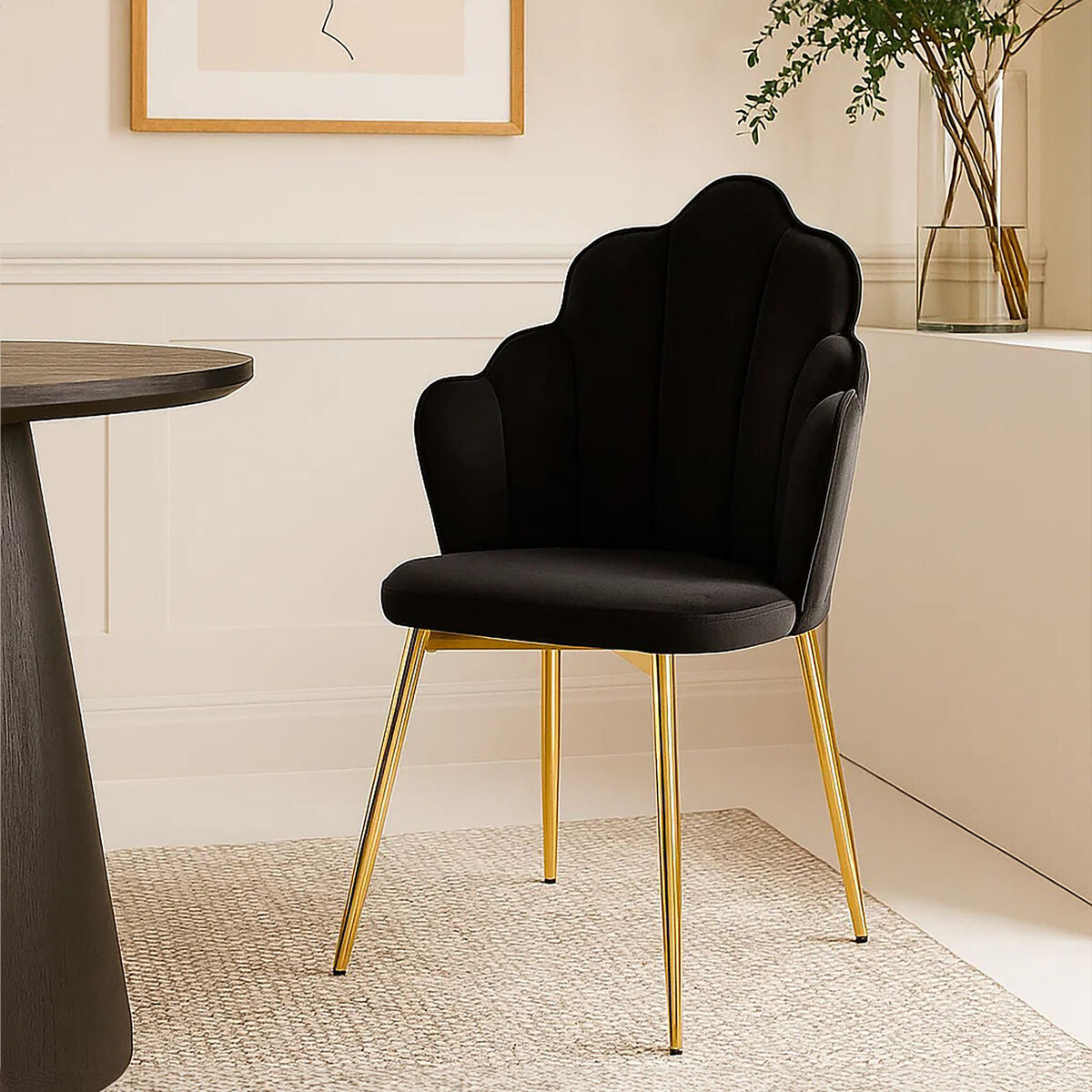 Tian Dining Chair | Black Velvet Scalloped Dining Chair