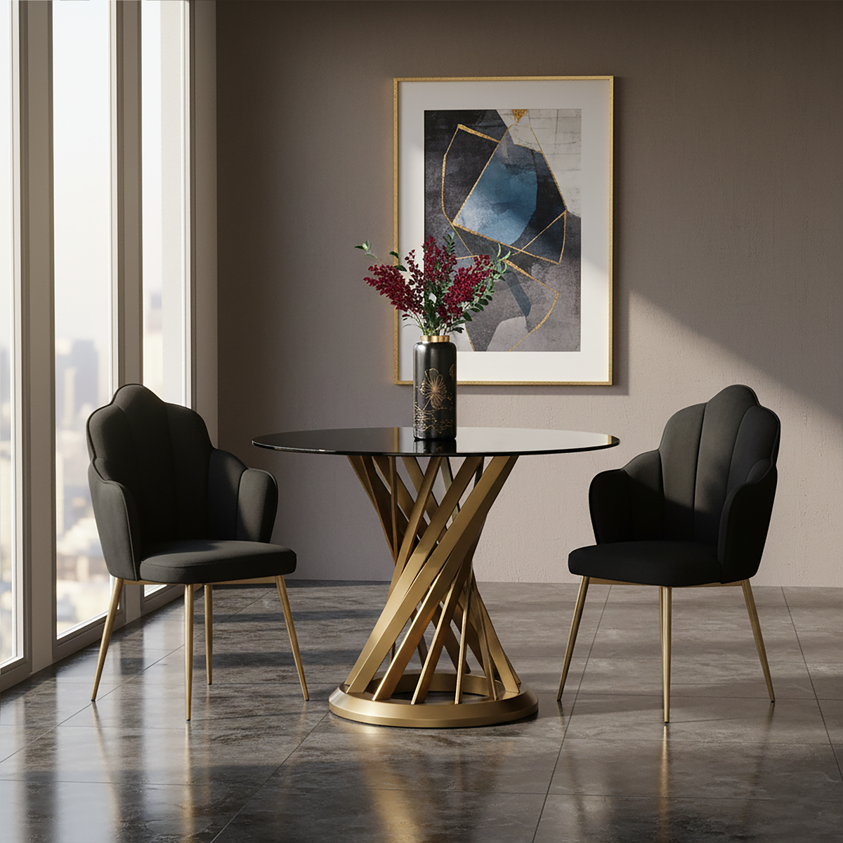 Tian Dining Chair | Black Velvet Scalloped Dining Chair