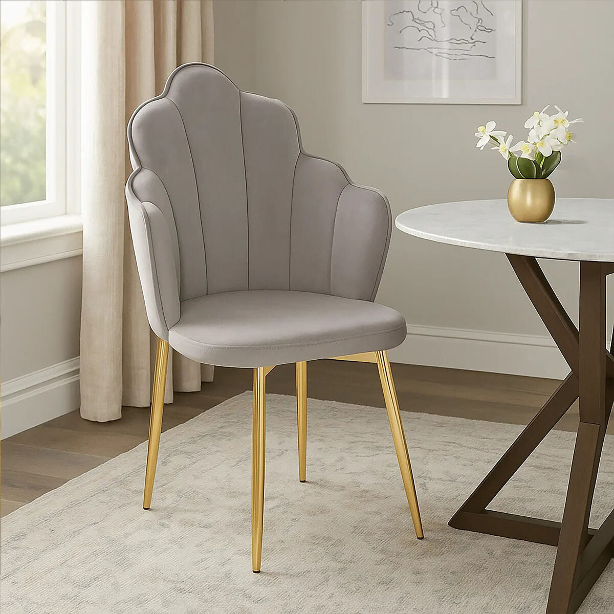 Tian Dining Chair | Grey Velvet Scalloped Dining Chair