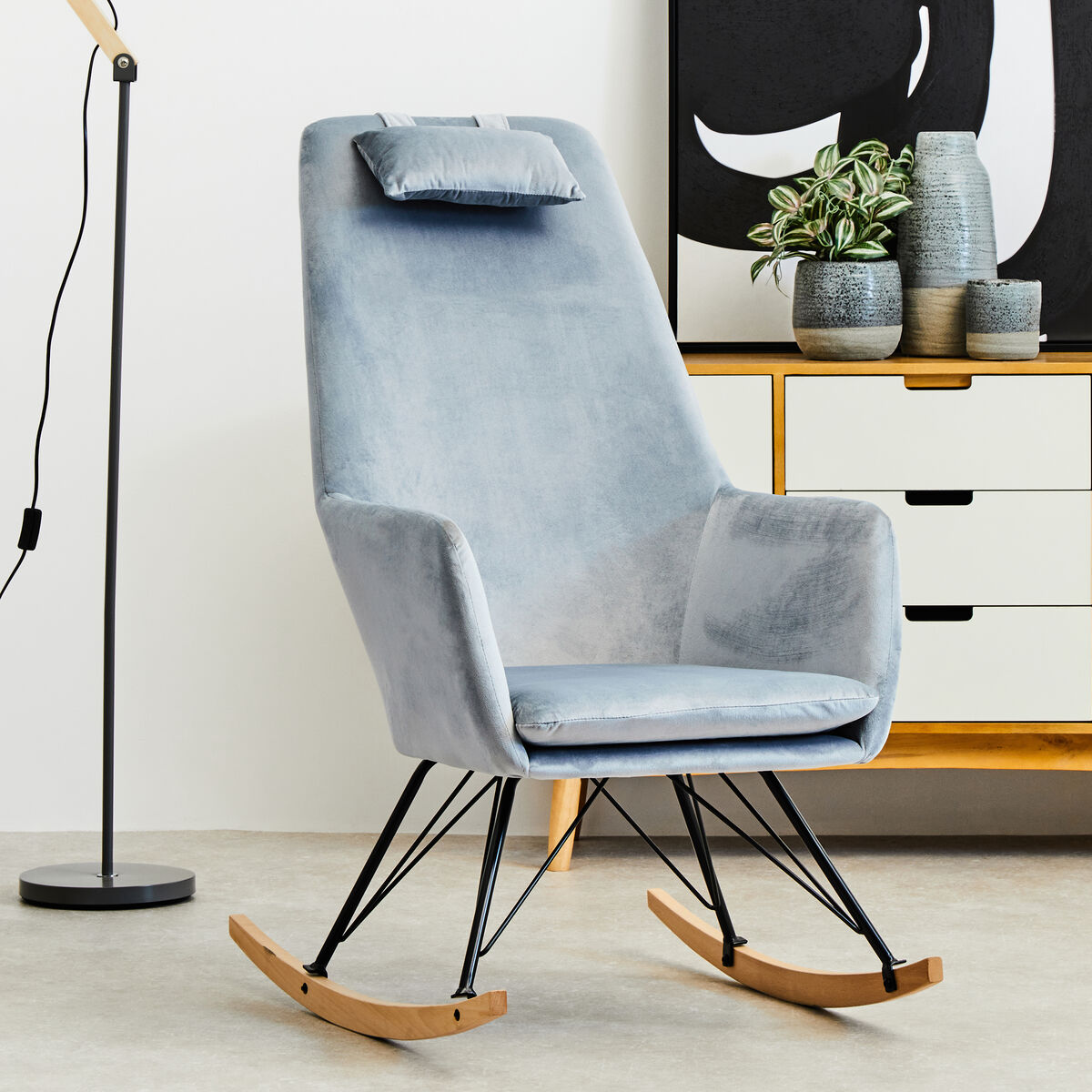 Stockholm Rocking Chair | Blue Velvet High Back Rocking Chair