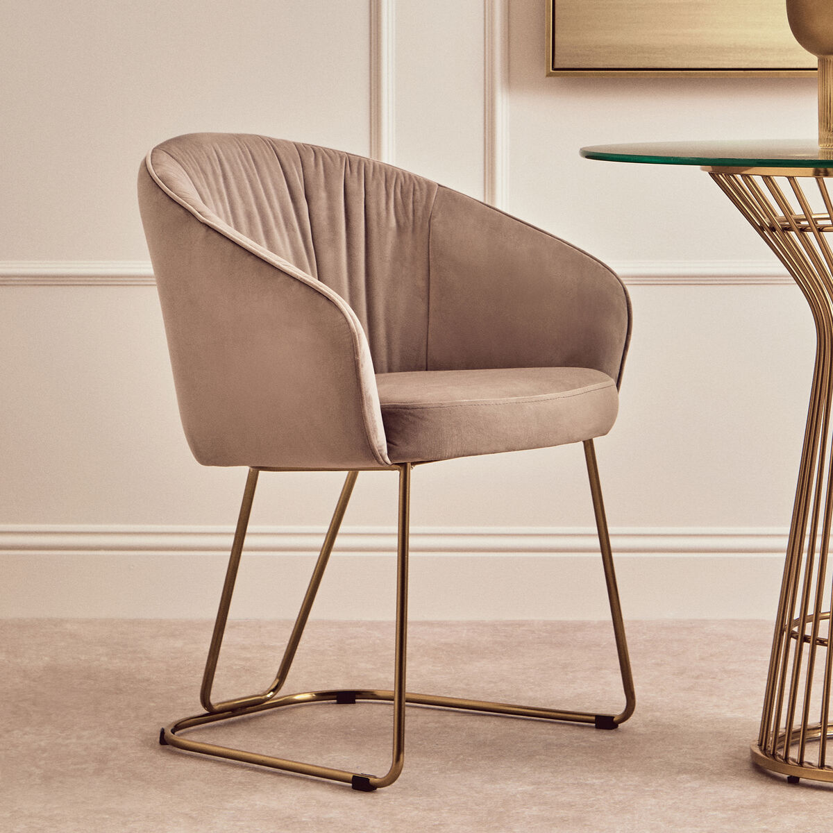 Veneto Dining Chair | Mink Velvet Curved Dining Chair with Brushed Gold Legs