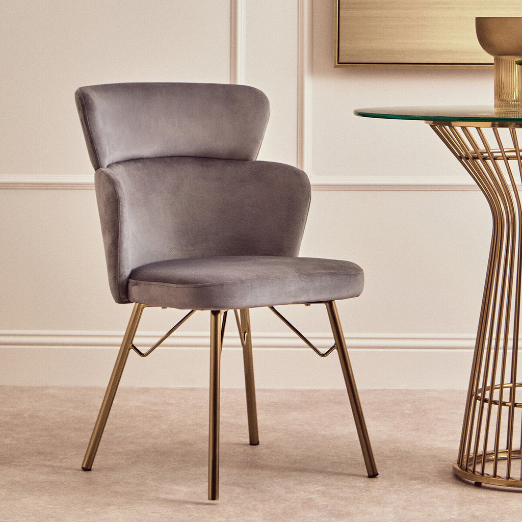 Veneto Dining Chair | Grey Velvet Chair with Brushed Gold Finish Legs