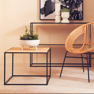 Depok Coffee Table | Natural Rattan and Black Finish Metal Square Coffee Table