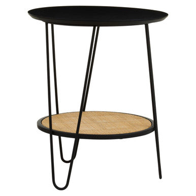Depok Side Table | Natural Rattan and Black Finish Metal 2 Tier Side Table