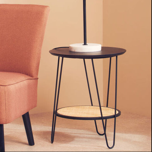 Depok Side Table | Natural Rattan and Black Finish Metal 2 Tier Side Table