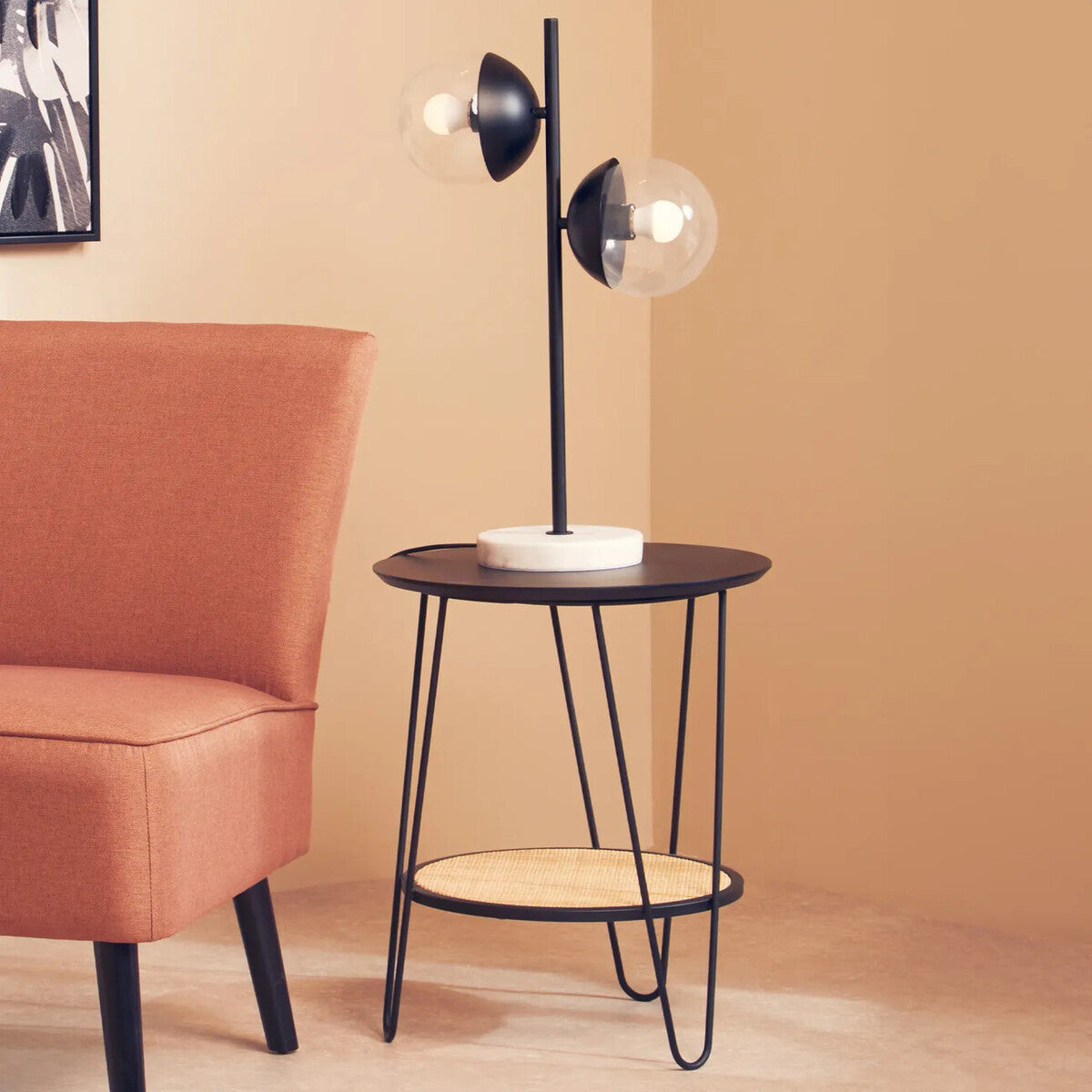 Depok Side Table | Natural Rattan and Black Finish Metal 2 Tier Side Table