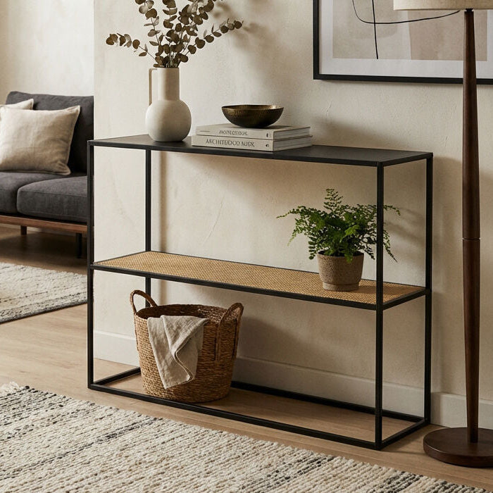 Depok Console Table | Natural Rattan and Black Finish Metal 2 Tier Console Table