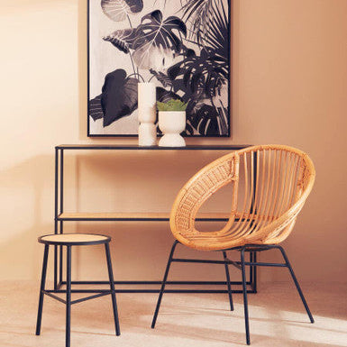 Depok Console Table | Natural Rattan and Black Finish Metal 2 Tier Console Table