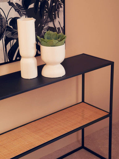 Depok Console Table | Natural Rattan and Black Finish Metal 2 Tier Console Table