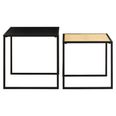 Depok Nesting Tables | Natural Rattan and Black Finish Metal Set of 2 Nesting Tables
