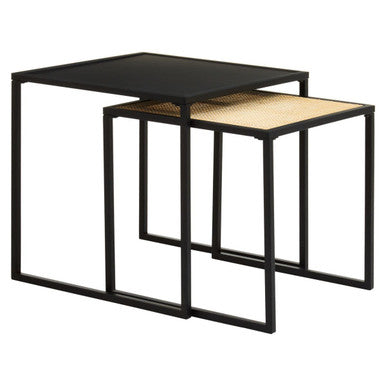 Depok Nesting Tables | Natural Rattan and Black Finish Metal Set of 2 Nesting Tables