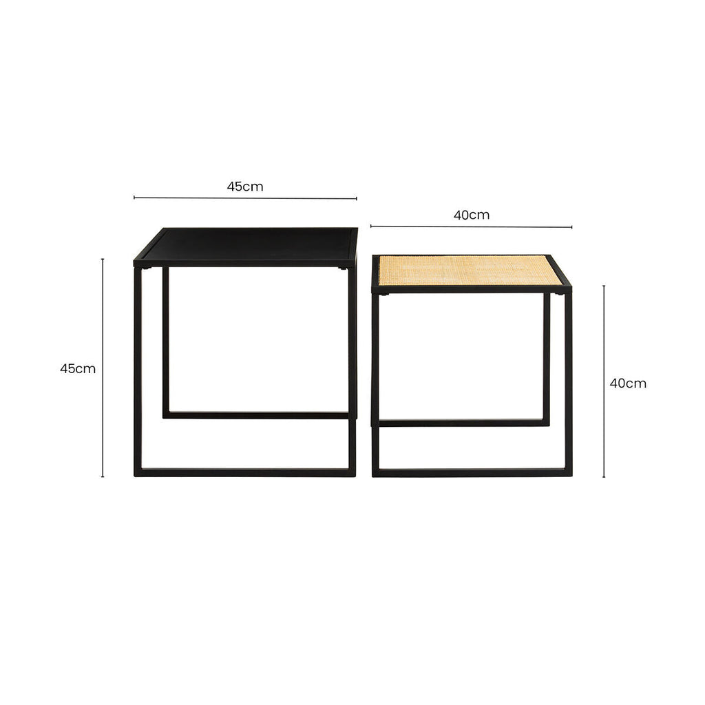 Depok Nesting Tables | Natural Rattan and Black Finish Metal Set of 2 Nesting Tables