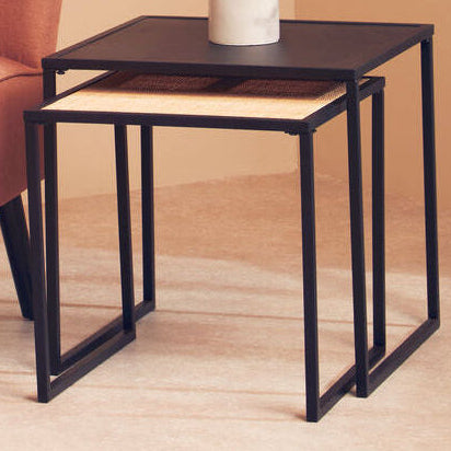 Depok Nesting Tables | Natural Rattan and Black Finish Metal Set of 2 Nesting Tables