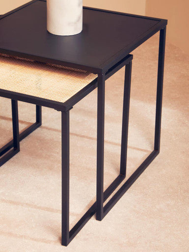 Depok Nesting Tables | Natural Rattan and Black Finish Metal Set of 2 Nesting Tables