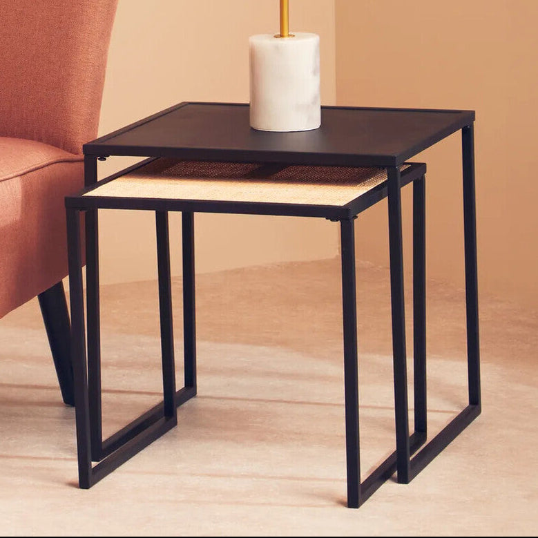 Depok Nesting Tables | Natural Rattan and Black Finish Metal Set of 2 Nesting Tables
