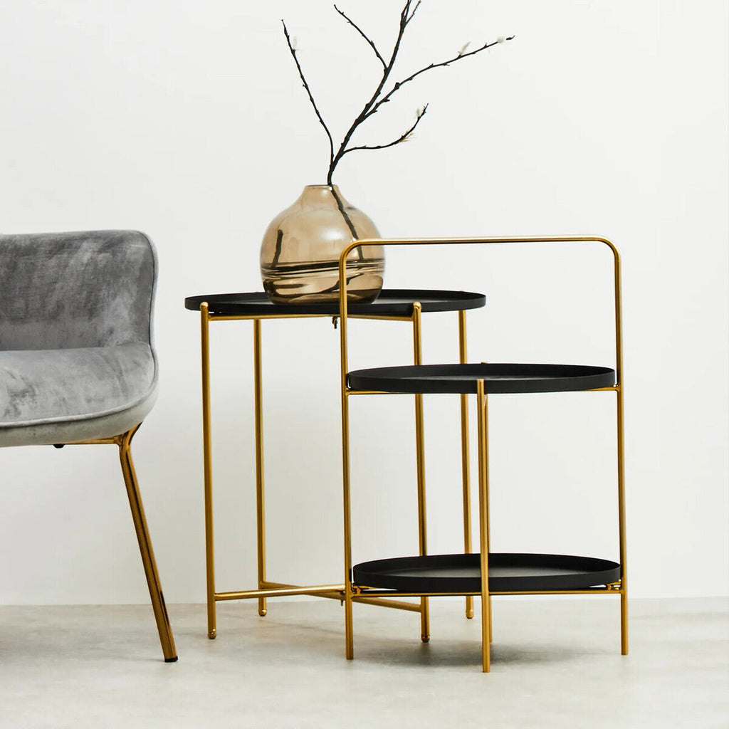 Trosa Side Table | Black and Gold Finish 2 Tier Tray Side Table