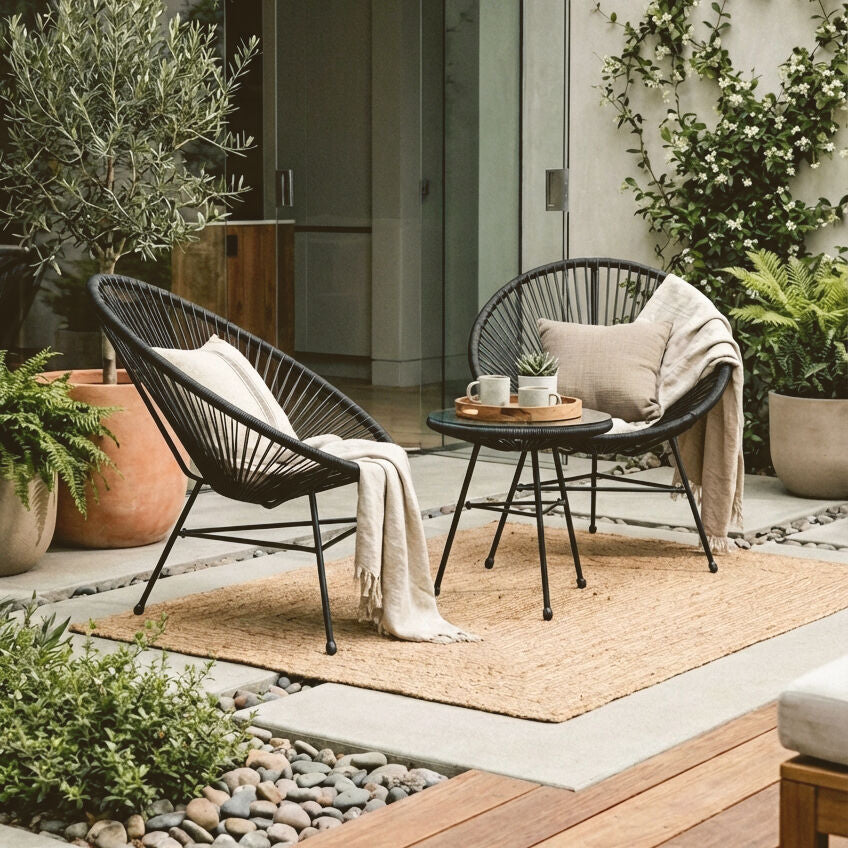 Miami Bistro Set | Black Rattan 3 Piece Patio Set with Glass Top Table