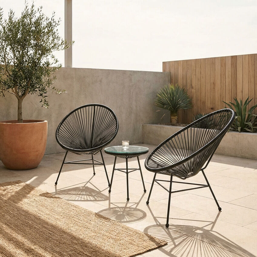 Miami Bistro Set | Black Rattan 3 Piece Patio Set with Glass Top Table