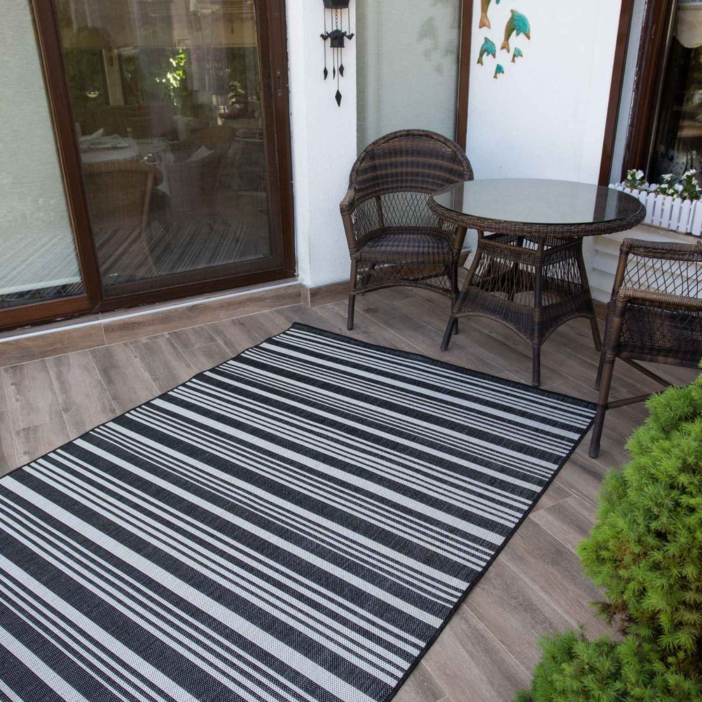 Ecology Outdoor Rug | Black Striped Flatweave | Weatherproof Polypropylene