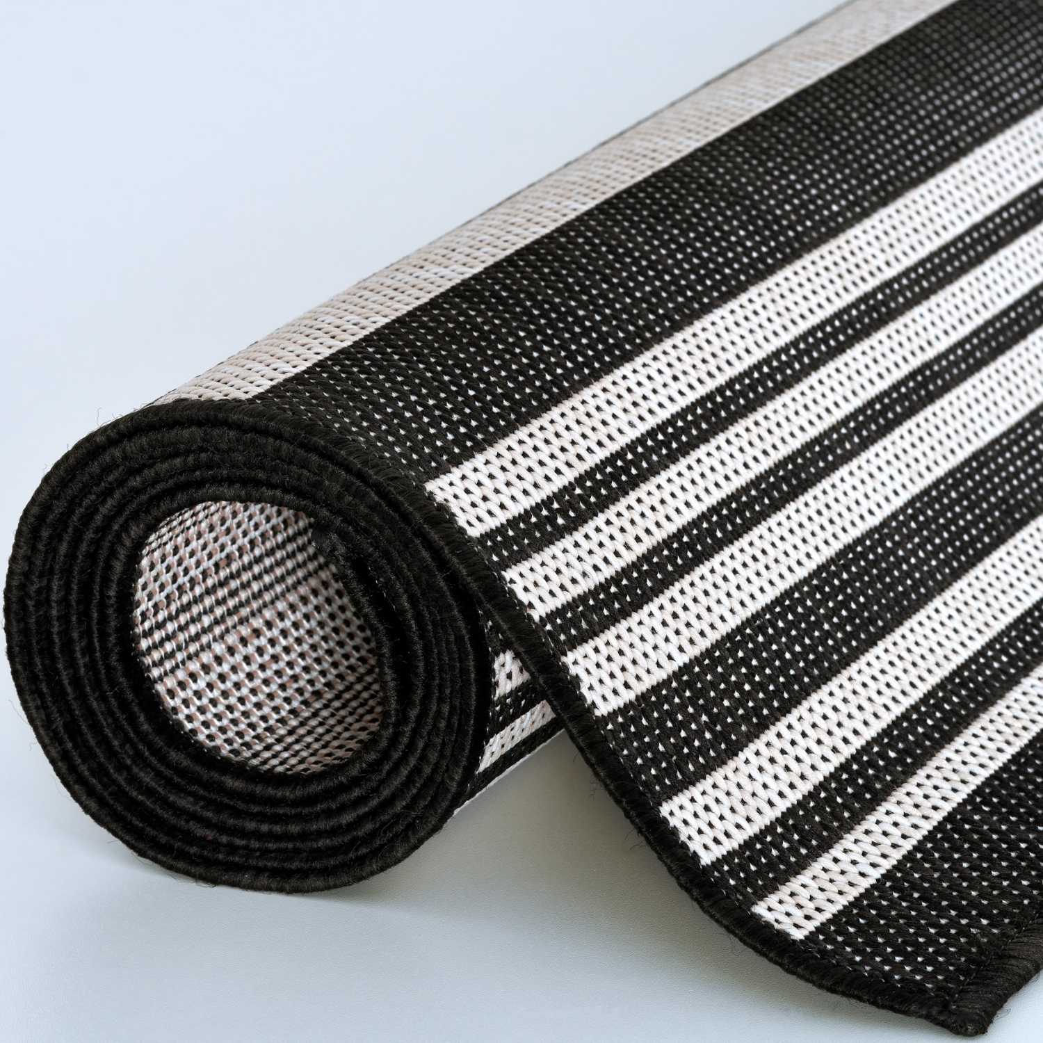 Ecology Outdoor Rug | Black Striped Flatweave | Weatherproof Polypropylene