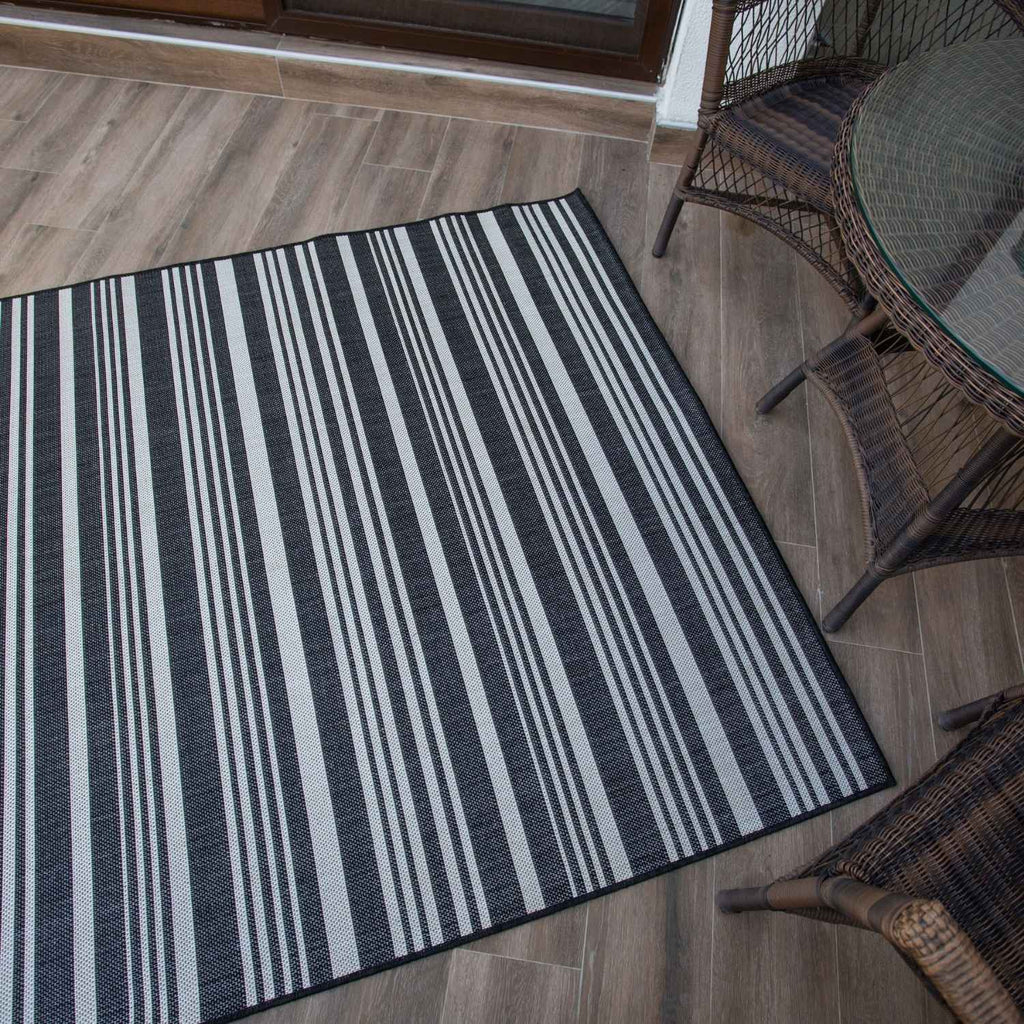 Ecology Outdoor Rug | Black Striped Flatweave | Weatherproof Polypropylene