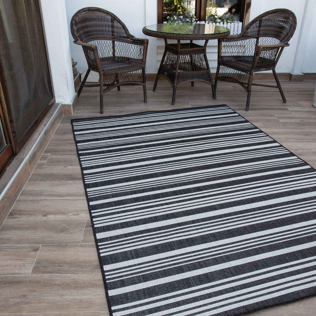 Ecology Outdoor Rug | Black Striped Flatweave | Weatherproof Polypropylene