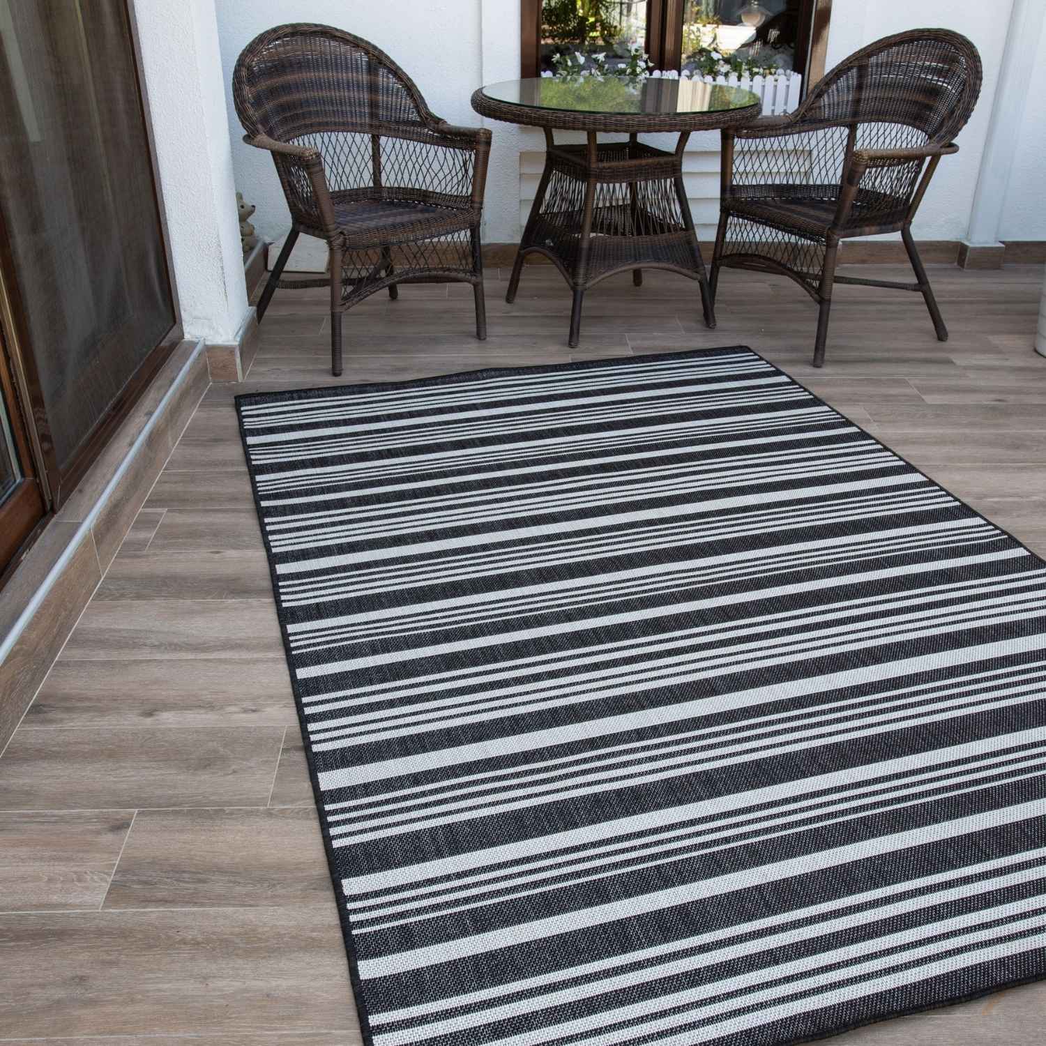 Ecology Outdoor Rug | Black Striped Flatweave | Weatherproof Polypropylene