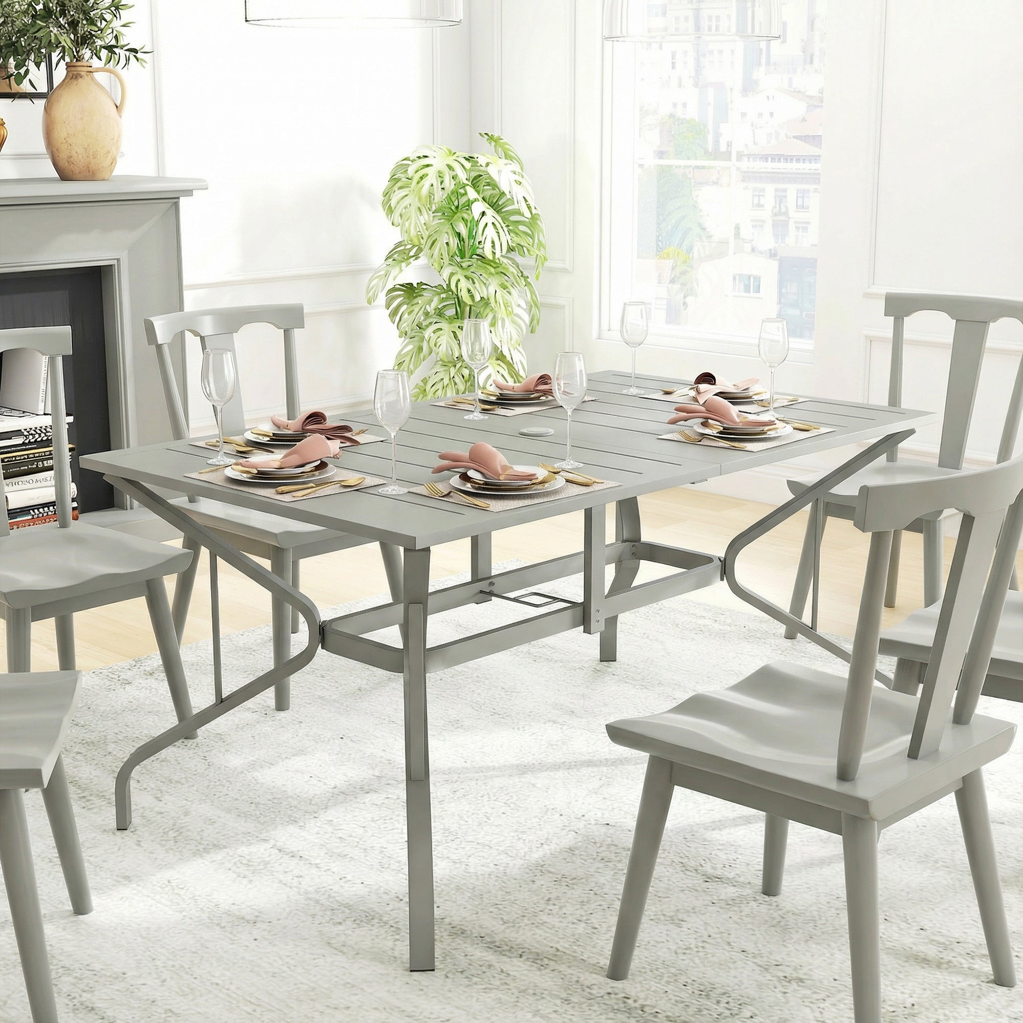 Outsunny Garden Dining Table with Parasol Hole, Outdoor Dining Table for 6, Patio Table for Balcony, 150cm x 90cm, Light Grey
