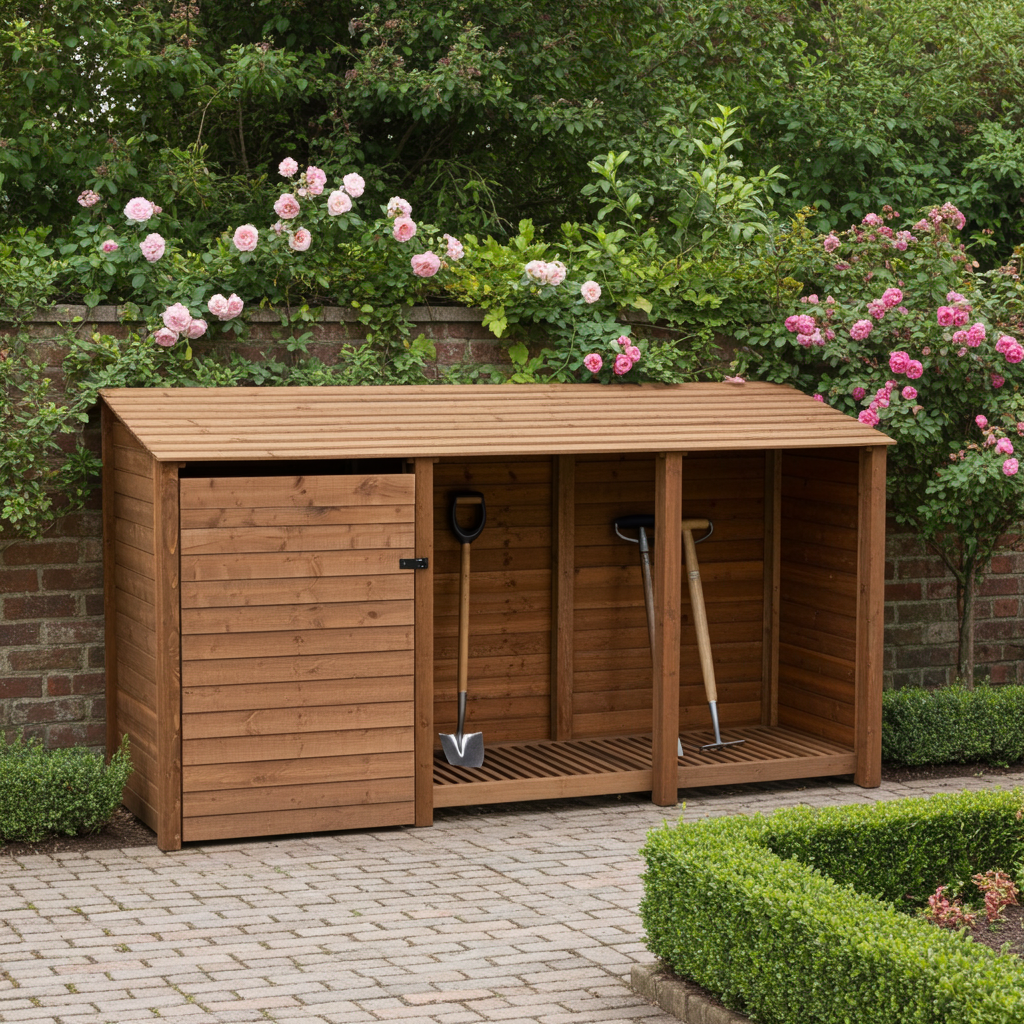 Wooden Garden Tool Storage unit 335cm wide in brown finish