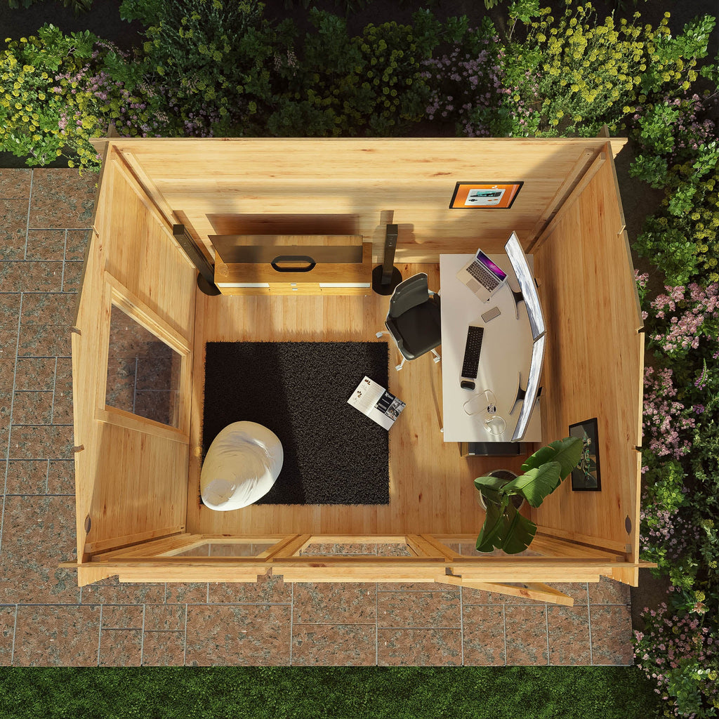 Mercia Reverse Apex Log Cabin aerial view in garden setting