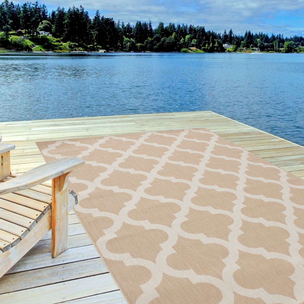 Ecology Outdoor Rug | Beige Moroccan Trellis Flatweave | Weatherproof Polypropylene